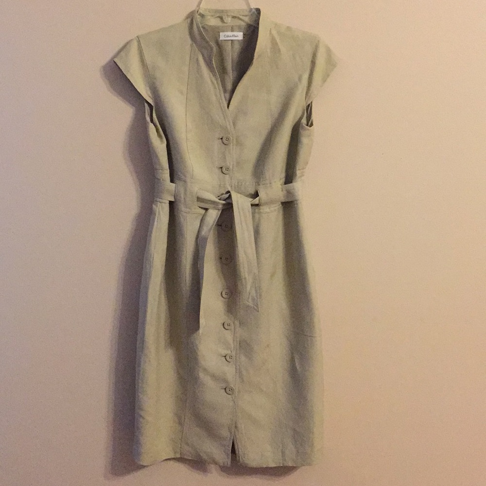 Calvin Klein khaki sheath dress office 8 linen